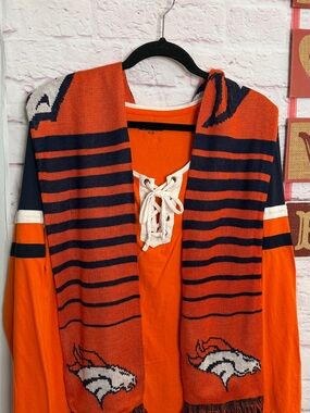 NFL Orange Lace-Up V-Neck Raglan Top with White Trim with MATCHING SCARF